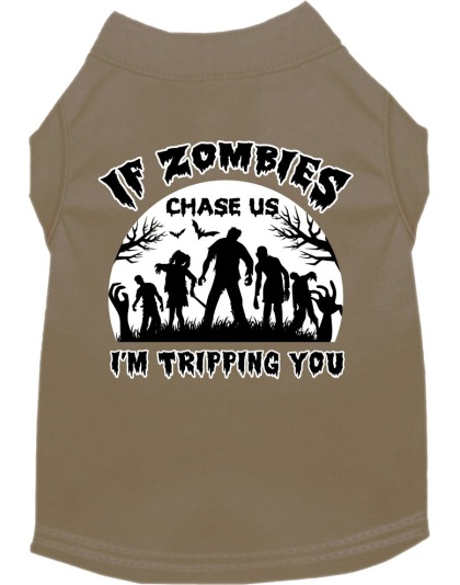 If Zombies Chase Us Screen Print Dog Shirt Tan Size XS