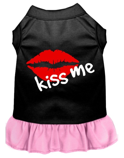Kiss Me Screen Print Dog Dress Black with Light Pink Lg