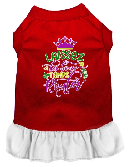 Laissez Les Bons Temps Rouler Screen Print Mardi Gras Dog Dress Red with White Lg