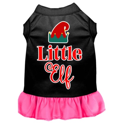 Little Elf Screen Print Dog Dress Black with Bright Pink Lg