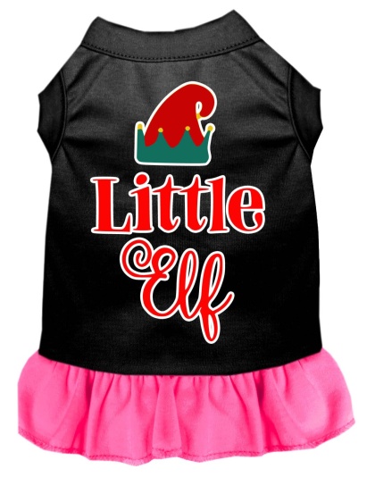 Little Elf Screen Print Dog Dress Black with Bright Pink Lg