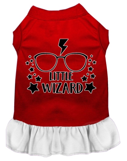 Little Wizard Screen Print Dog Dress Red with White Lg