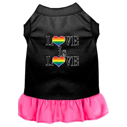 Love is Love Screen Print Dog Dress Black with Bright Pink Lg