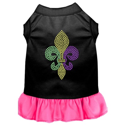 Mardi Gras Fleur De Lis Rhinestone Dress Black with Bright Pink Lg