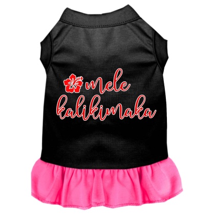 Mele Kalikimaka Screen Print Dog Dress Black with Bright Pink Lg