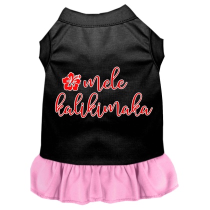 Mele Kalikimaka Screen Print Dog Dress Black with Light Pink Lg