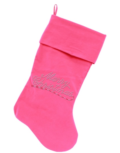 Merry Christmas Rhinestone 18 inch Velvet Christmas Stocking Pink