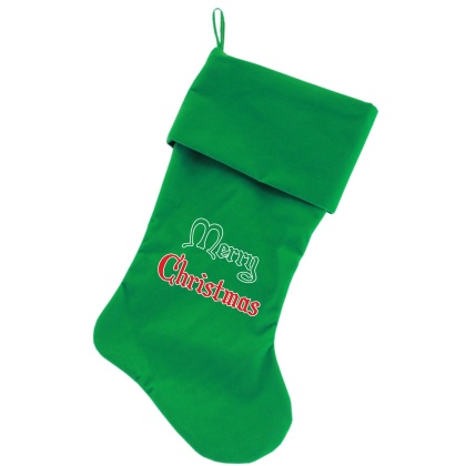 Merry Christmas Screen Print 18 inch Velvet Christmas Stocking Green