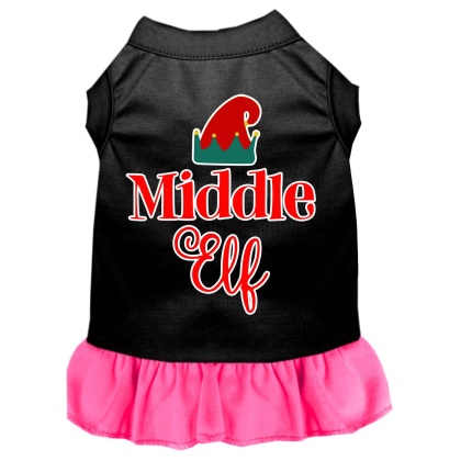 Middle Elf Screen Print Dog Dress Black with Bright Pink Lg