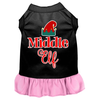 Middle Elf Screen Print Dog Dress Black with Light Pink Lg