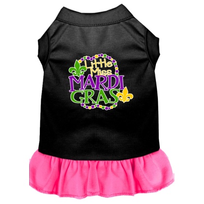 Miss Mardi Gras Screen Print Mardi Gras Dog Dress Black with Bright Pink Lg