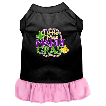 Miss Mardi Gras Screen Print Mardi Gras Dog Dress Black with Light Pink Lg