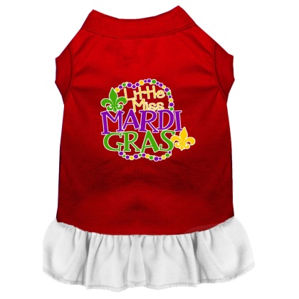 Miss Mardi Gras Screen Print Mardi Gras Dog Dress Red with White Lg