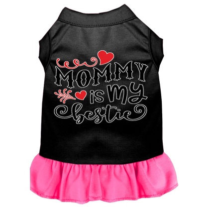 Mommy is my Bestie Screen Print Dog Dress Black with Bright Pink Lg