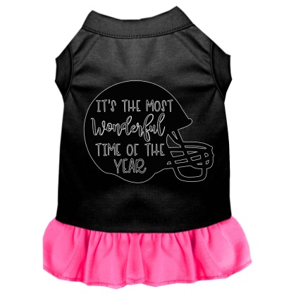Most Wonderful Time of the Year (Football) Screen Print Dog Dress Black with Bright Pink Lg