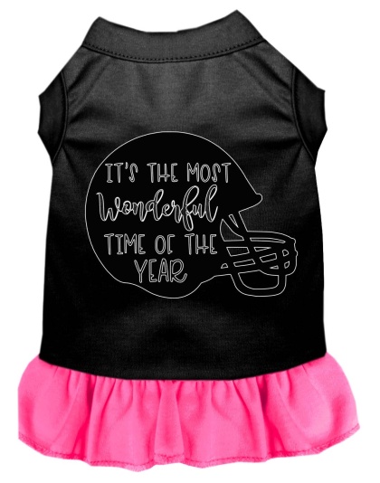 Most Wonderful Time of the Year (Football) Screen Print Dog Dress Black with Bright Pink Lg