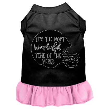 Most Wonderful Time of the Year (Football) Screen Print Dog Dress Black with Light Pink Lg