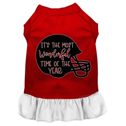 Most Wonderful Time of the Year (Football) Screen Print Dog Dress Red with White Lg