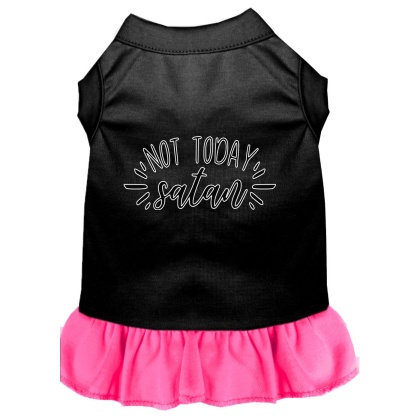 Not Today Satan Screen Print Dog Dress Black with Bright Pink Lg