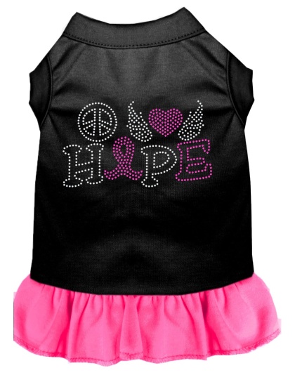 Peace Love Hope Breast Cancer Rhinestone Pet Dress Black with Bright Pink Lg