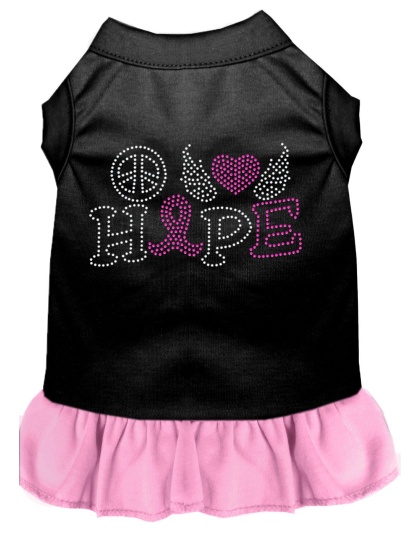 Peace Love Hope Breast Cancer Rhinestone Pet Dress Black with Light Pink Lg
