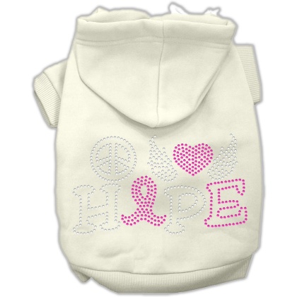 Peace Love Hope Breast Cancer Rhinestone Pet Hoodie Cream Lg