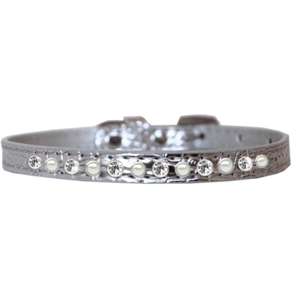 Pearl and Clear Jewel Croc Dog Collar Silver Size 10