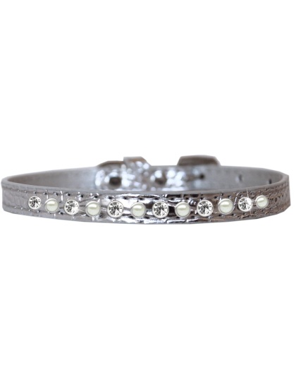 Pearl and Clear Jewel Croc Dog Collar Silver Size 10