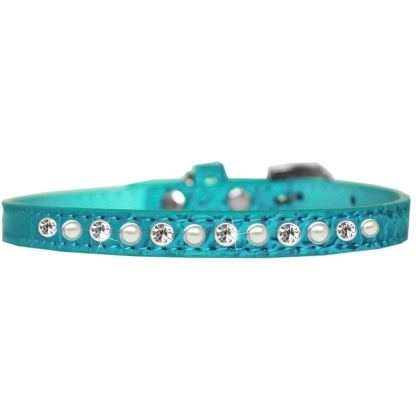 Pearl and Clear Jewel Croc Dog Collar Turquoise Size 10