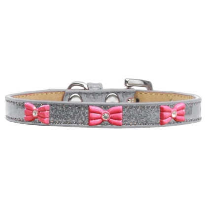 Pink Glitter Bow Widget Dog Collar Silver Ice Cream Size 10