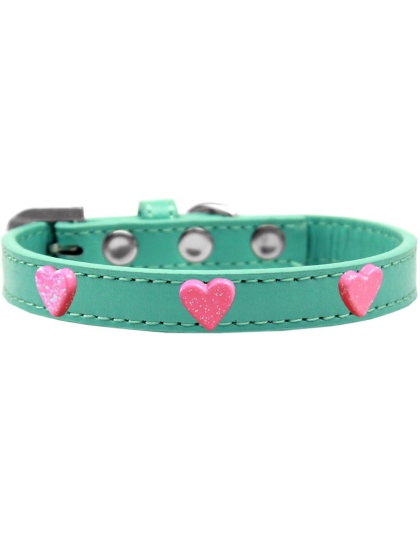 Pink Glitter Heart Widget Dog Collar Aqua Size 10