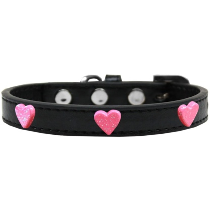 Pink Glitter Heart Widget Dog Collar Black Size 10