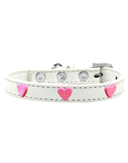 Pink Glitter Heart Widget Dog Collar White Size 10