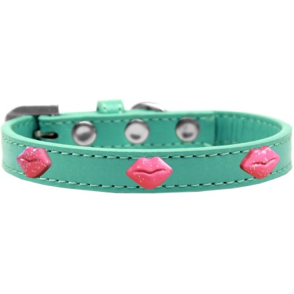 Pink Glitter Lips Widget Dog Collar Aqua Size 10