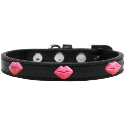 Pink Glitter Lips Widget Dog Collar Black Size 10