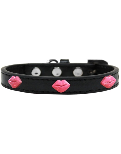 Pink Glitter Lips Widget Dog Collar Black Size 10