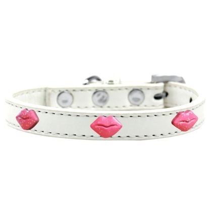 Pink Glitter Lips Widget Dog Collar White Size 10