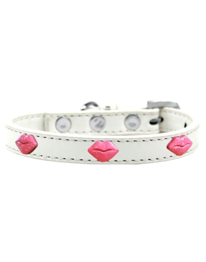 Pink Glitter Lips Widget Dog Collar White Size 10