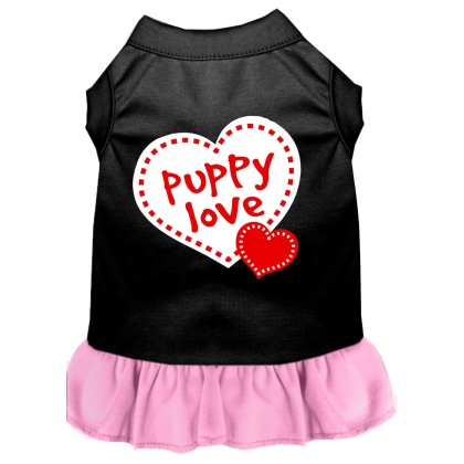 Puppy Love Screen Print Dog Dress Black with Light Pink Lg