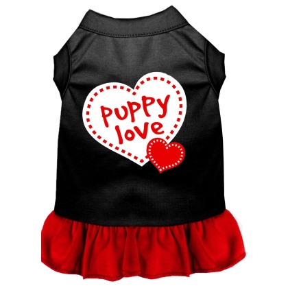 Puppy Love Screen Print Dog Dress Black with Red Lg