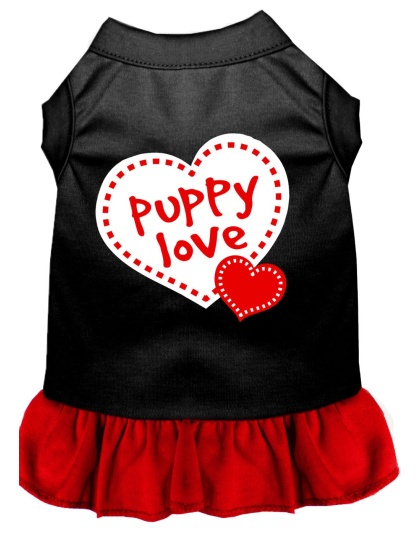 Puppy Love Screen Print Dog Dress Black with Red Lg