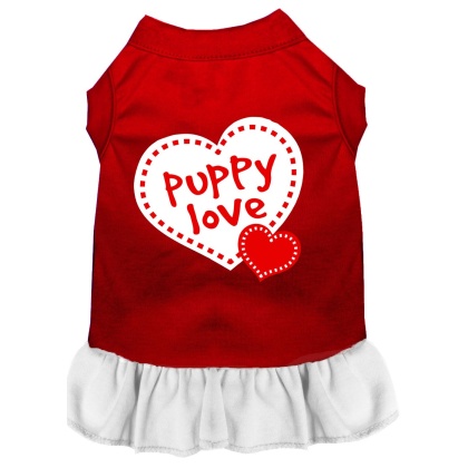 Puppy Love Screen Print Dress Red with White Lg