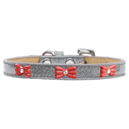 Red Glitter Bow Widget Dog Collar Silver Ice Cream Size 10