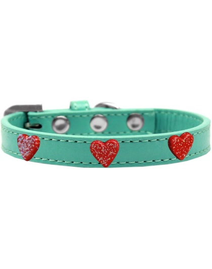 Red Glitter Heart Widget Dog Collar Aqua Size 10