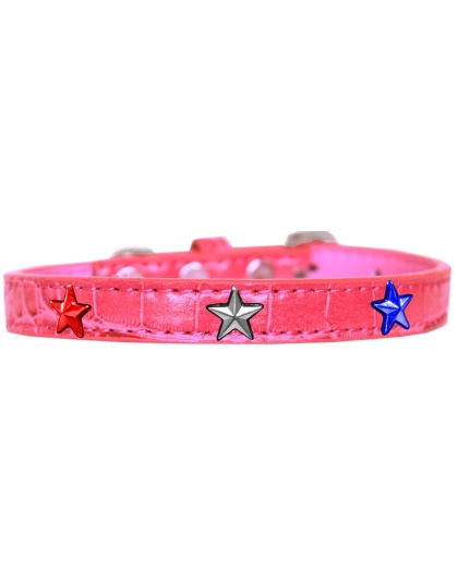 Red, White and Blue Star Widget Croc Dog Collar Bright Pink Size 10