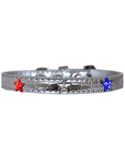 Red, White and Blue Star Widget Croc Dog Collar Silver Size 10