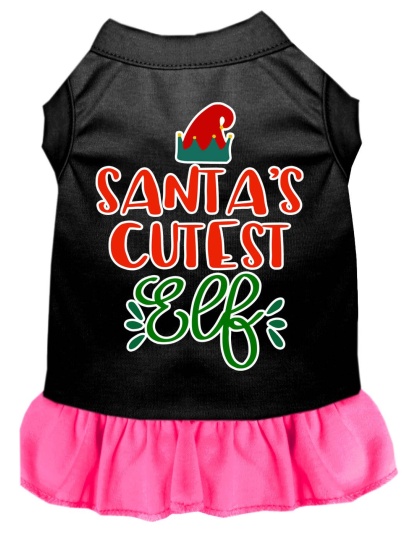 Santa's Cutest Elf Screen Print Dog Dress Black with Bright Pink Lg