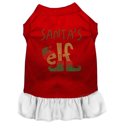 Santa's Elf Rhinestone Dog Dress Red with White Lg