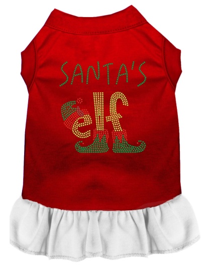 Santa's Elf Rhinestone Dog Dress Red with White Lg