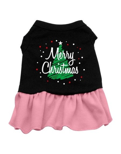 Scribble Merry Christmas Screen Print Dress Black with Pink Lg